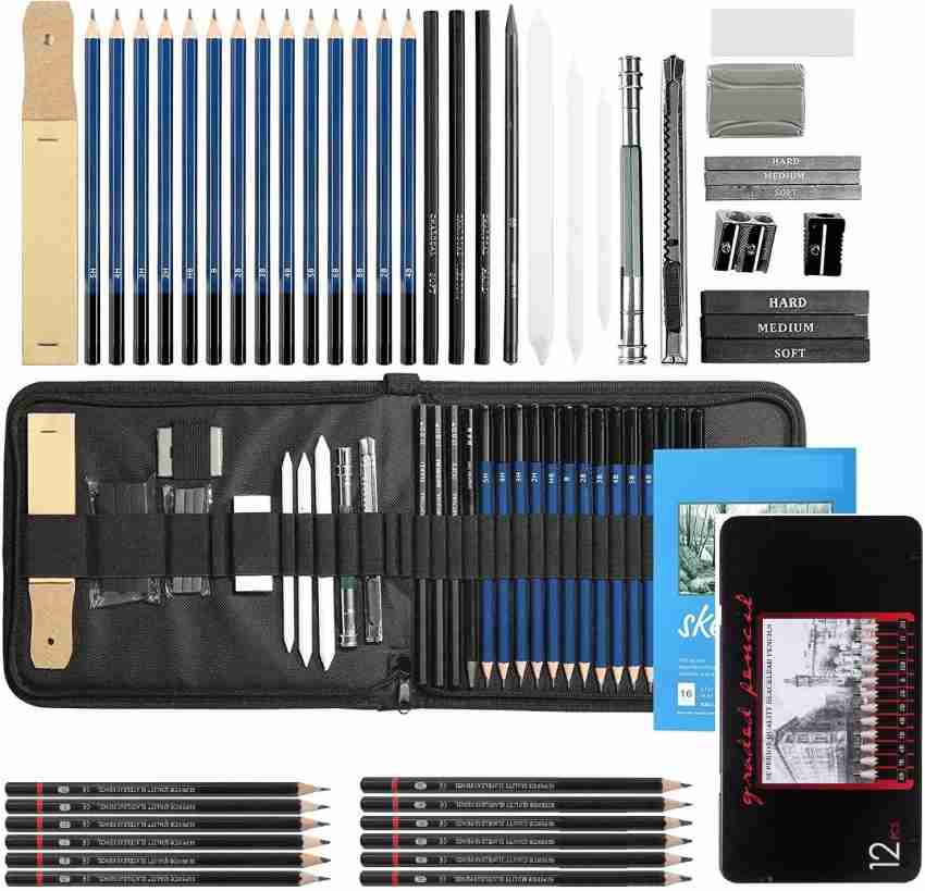 Drawing Pencils - 17 Piece Sketch Pencils Set, Professional Drawing Pencils  for Sketching, Kneaded Erasers, 3 Blending Stumps - 12 Graphite pencils