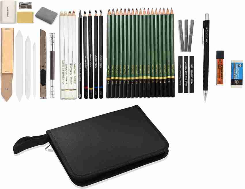 29 Pieces Professional Sketching & Drawing Art Tool Kit with Graphite  Pencils, Charcoal Pencils, Paper Erasable Pen, Craft Knife-Lightwish  (Without Sketchbook, with Canvas Rolling Pouch）