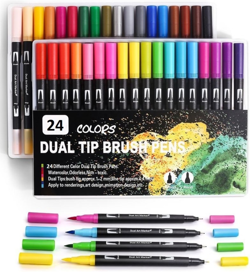 Brush Pen Lettering 24 colori Pennarelli Doppia Punta Fine e Punta Pennello  P