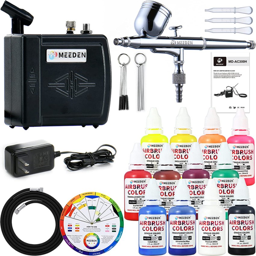 MEEDEN Multi-Purpose Airbrushing System Kit with Portable Mini Airbrush Compressor with 12 Colors × 30ml Airbrush Paint, Gravity Feed 0.5mm Airbrush