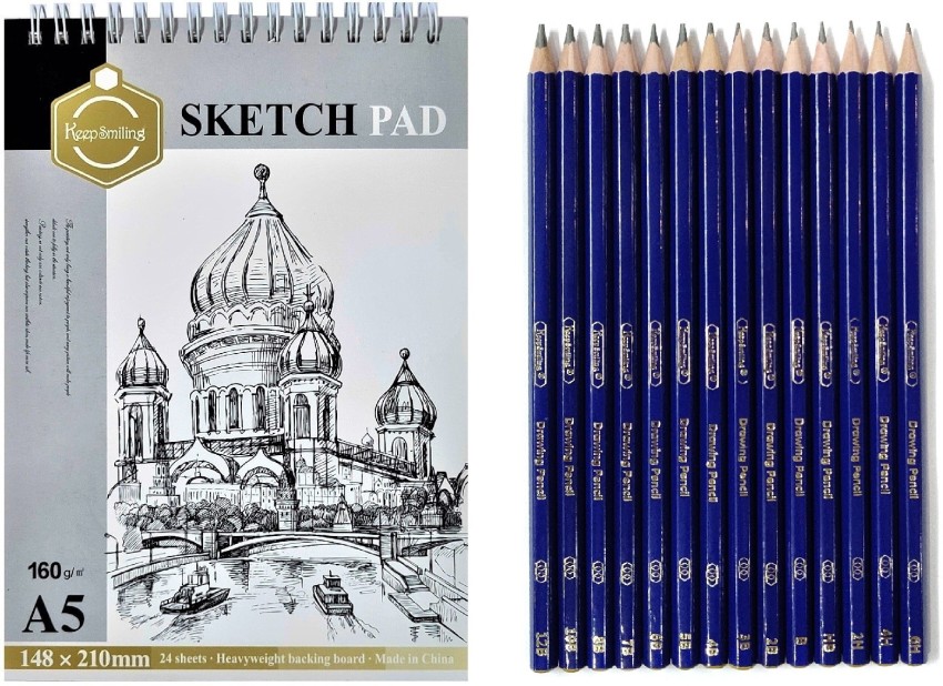 Definite 14Pc Drawing/Sketching Pencil Set + A5 Spiral Sketch  Pad - 160 GSM (24 Sheets) - Sketching Pad and Sketching Pencils