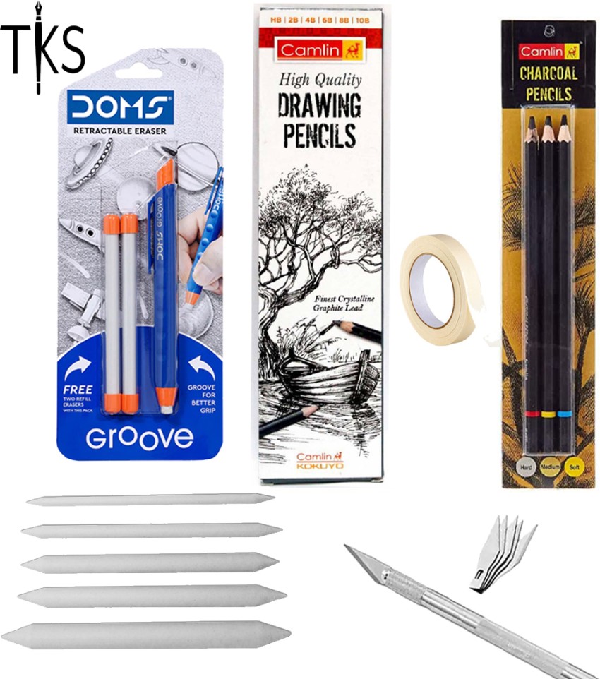 Flipkart.com | Definite Art Charcoal Pencil Drawing Kit, Blending Stumps,  Kneadable Eraser w/ SandPaper. - Drawing Accessories - Art Set