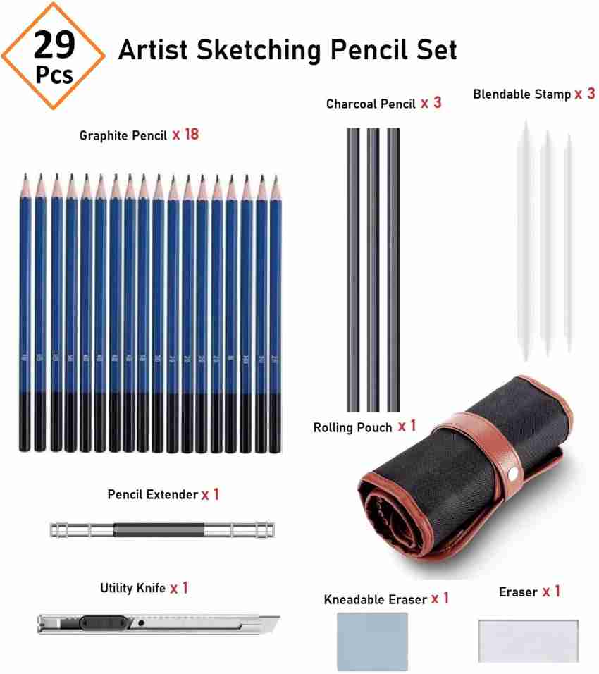 Blue Wooden Sketching And Drawing Pencil Kit 35pc, Packaging Type