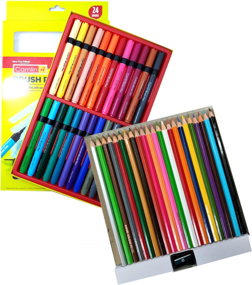 Camlin 24 Shades Brush Pen With 24 Shades Colour Pencils  [Bright With Superior Leads] - Brush Pen & Colouring Pencils