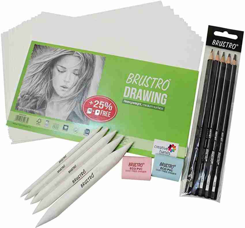 Brustro Artists' White Charcoal Pencil Set of 3 + 1 Pencil Eraser -  Creative Hands