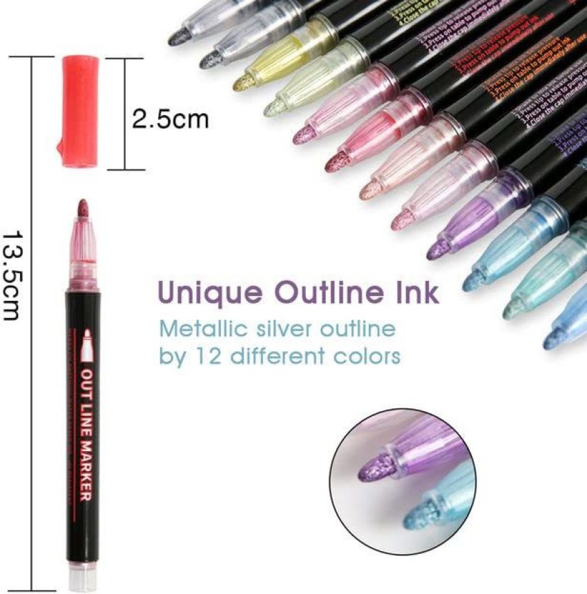 KRITI CREATION Outline Pens, Whaline 12 Colors Self-Outline  Metallic Markers Glitter Writing - permanent