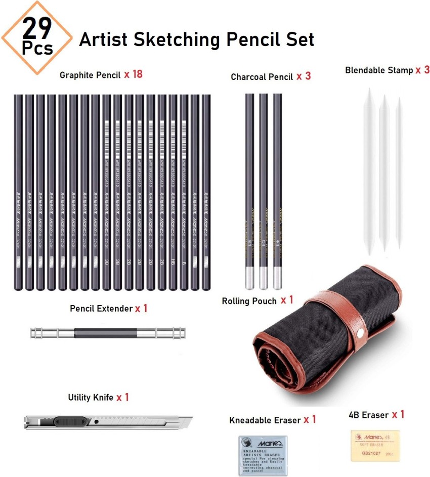 29pcs/set Sketch Pencil Set Professional Sketching Drawing Kit Wood Pencil  Pencil Bags for Painter School Students Art Supplies