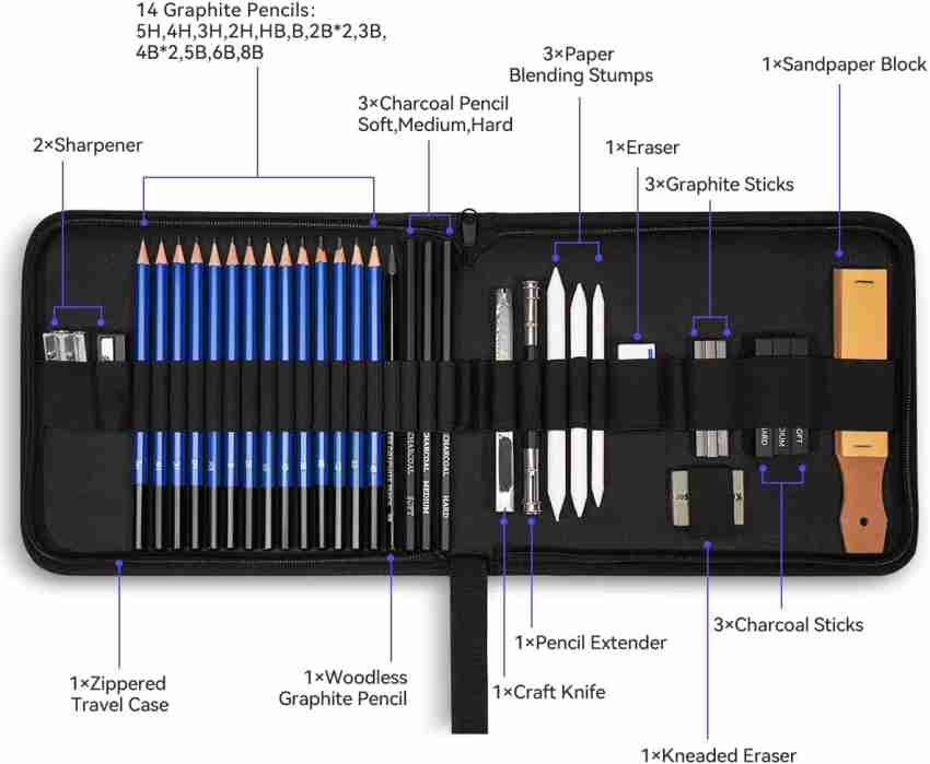 33 Pieces Professional Drawing Sketching Pencils Set,portable Zippered  Travel Case-charcoal Pencils, Sketch Pencils, Charcoal Stick.drawing 