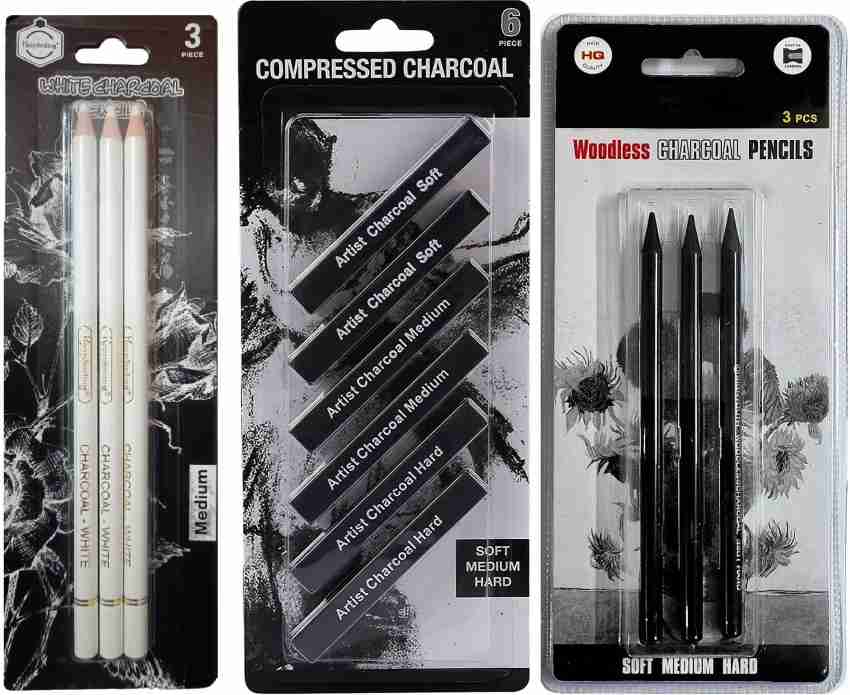 ChiggiWiggi 3 White Charcoal Pencil,6 Compressed Charcoal  Stick & 3 Woodless Charcoal Pencil - Sketching Set