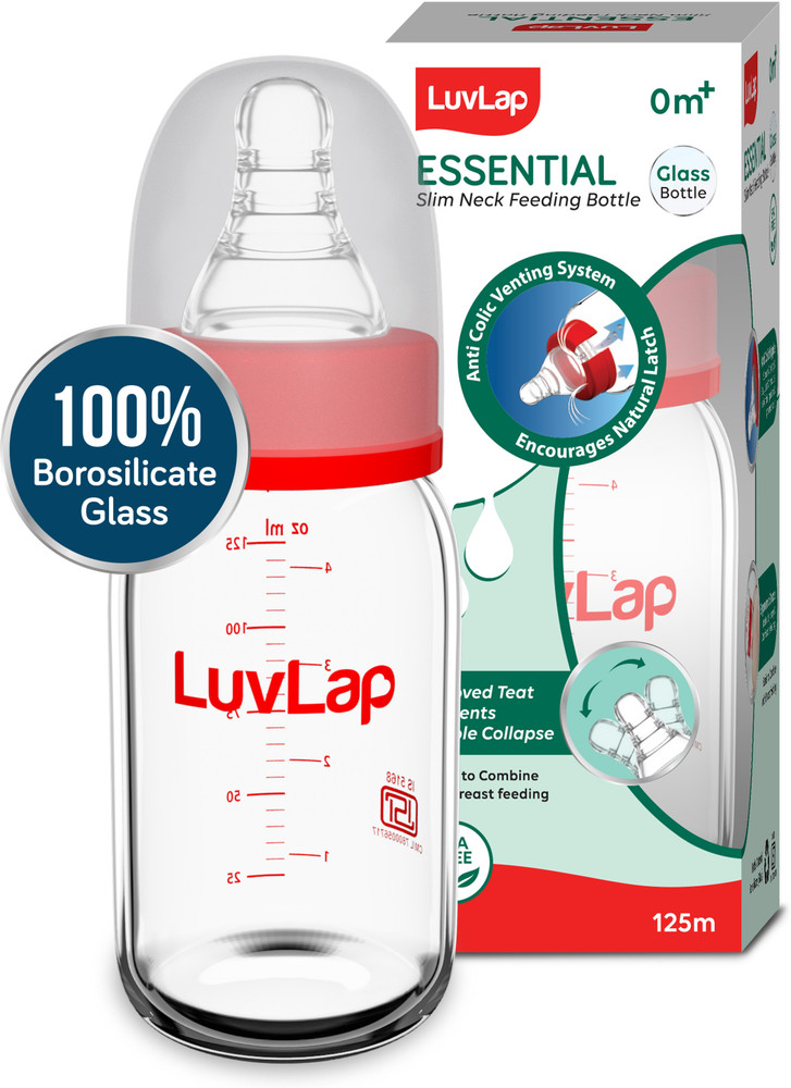 LuvLap Essential Slim Neck Glass Feeding Bottle New Born Infants Toddler Upto 3 Years 125 ml