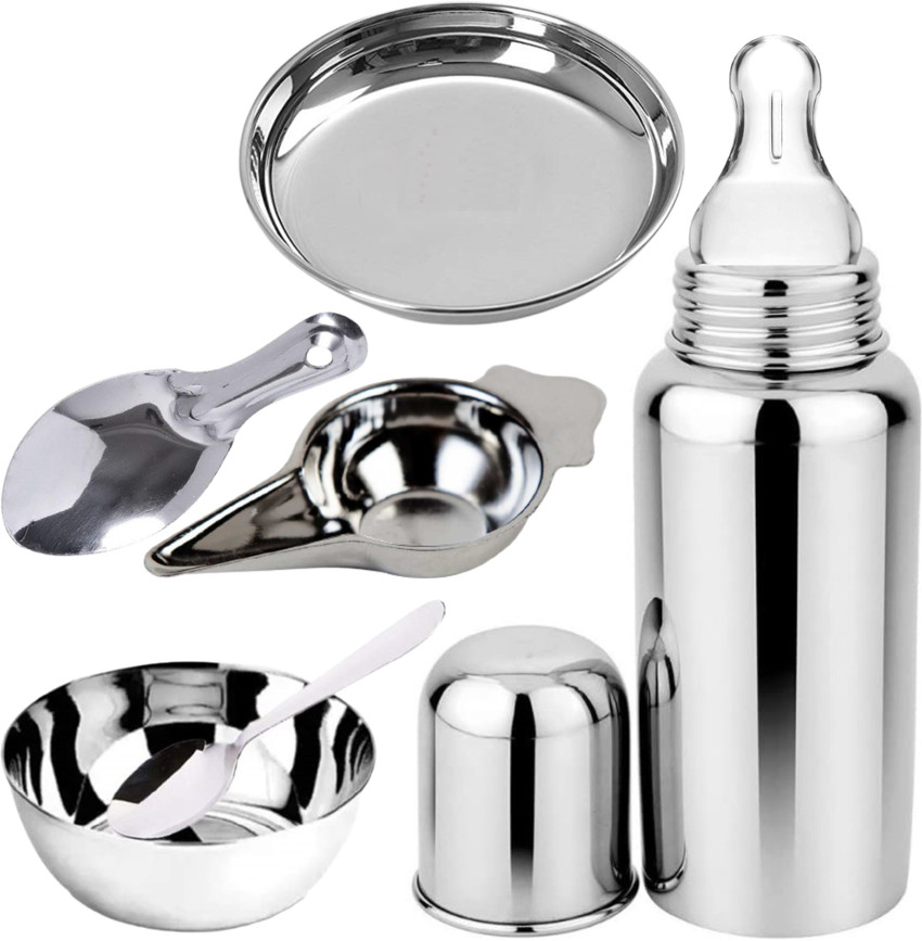 Steel feeding bottle with spoon sales