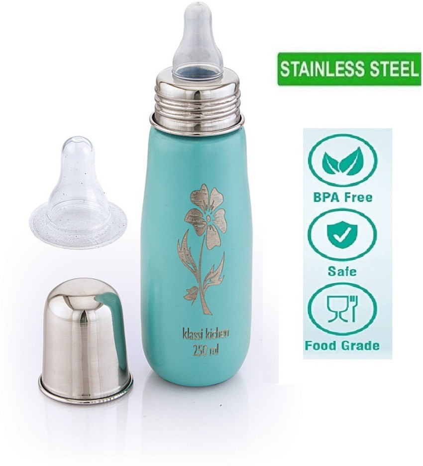 Stainless Steel Baby Feeding Bottle with Internal ML Marking, Silicon Grip  240ml