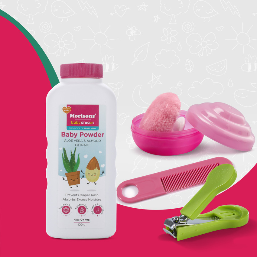 Morisons Baby Dreams Baby Powder 100 gm Powder Puff Comb Nail clipper Combo