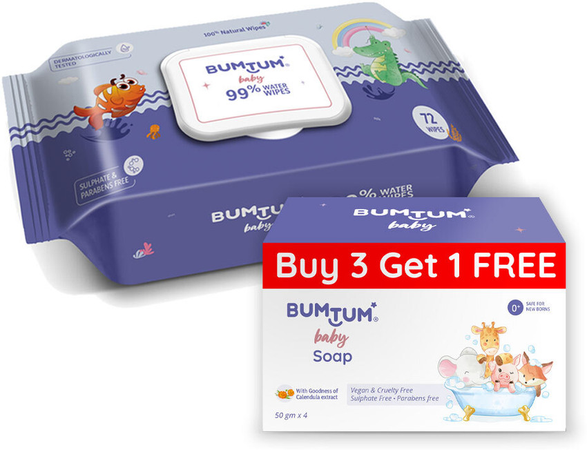 BUMTUM Baby Gentle 99 Pure Water Wet Wipes With Lid 72 Pcs