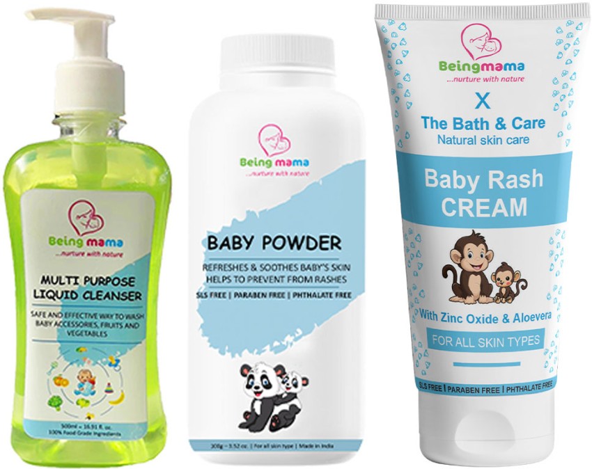 Being mama Multipurpose Cleanser (500 ml) Diaper Rash Cream (100 g) Baby  Powder (100 g) - | Buy Baby Care Combo in India | Flipkart.com