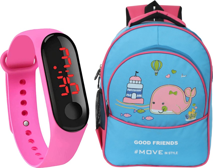 GOOD FRIENDS Kids School Bag Cartoon Bags/Character Bags & Digital Watch  for Boys and Girls 24 L Backpack Sky Blue, Pink - Price in India