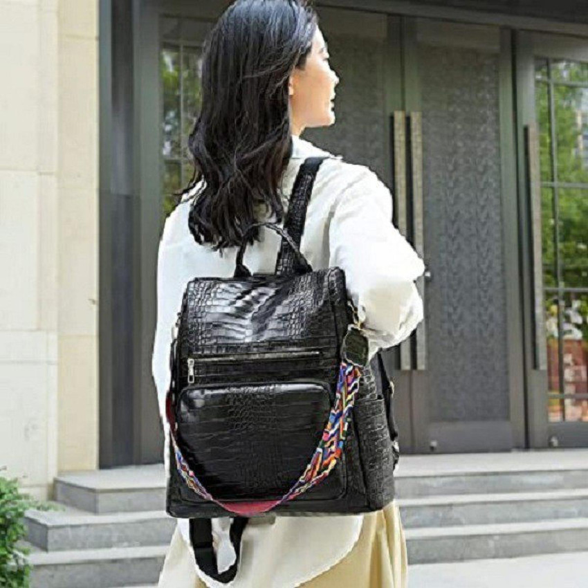 Krismo Crocodile Pattern backpack Purse for Women PU Design Travel Bag Black 25 L Backpack crocodile black Price in India Flipkart