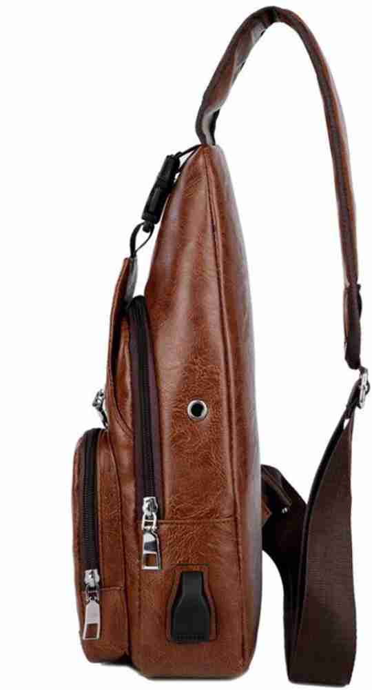 Delidge Men's USB Chest Bag Crossbody Package PU Leather Shoulder