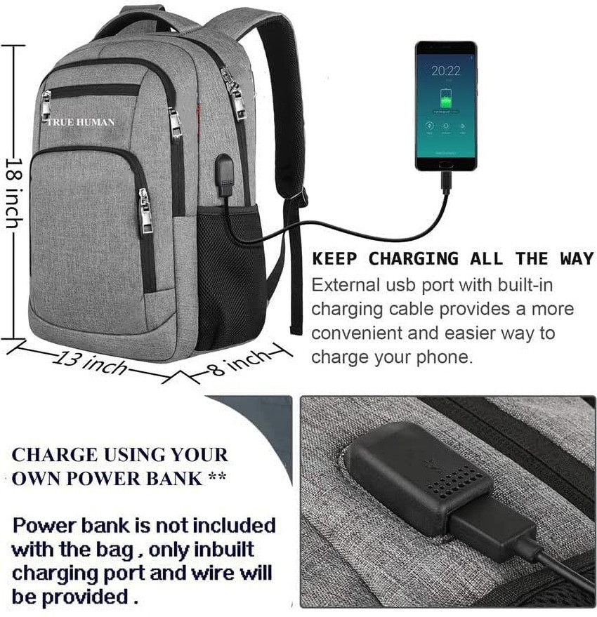 True Human Anti Theft backpack With USB charging Port travel Bag