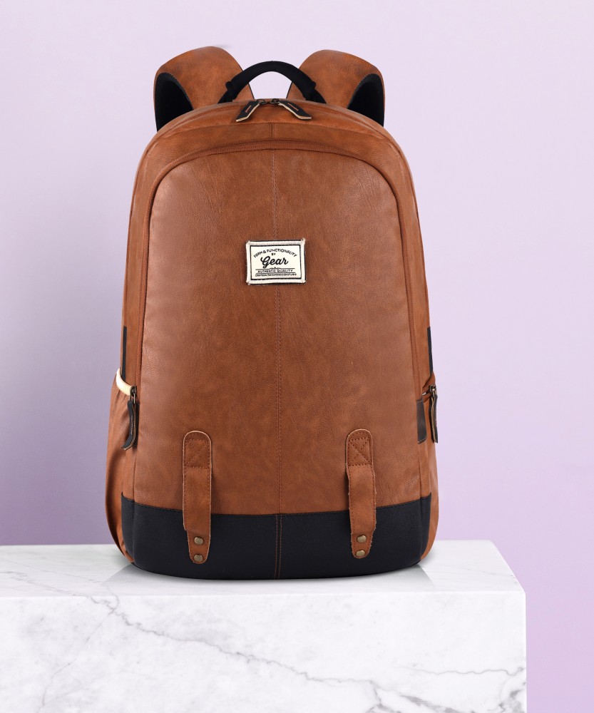 Gear CLASSIC ANTI THEFT FAUX LEATHER 20 L Laptop Backpack TAN BLACK Price in India Flipkart