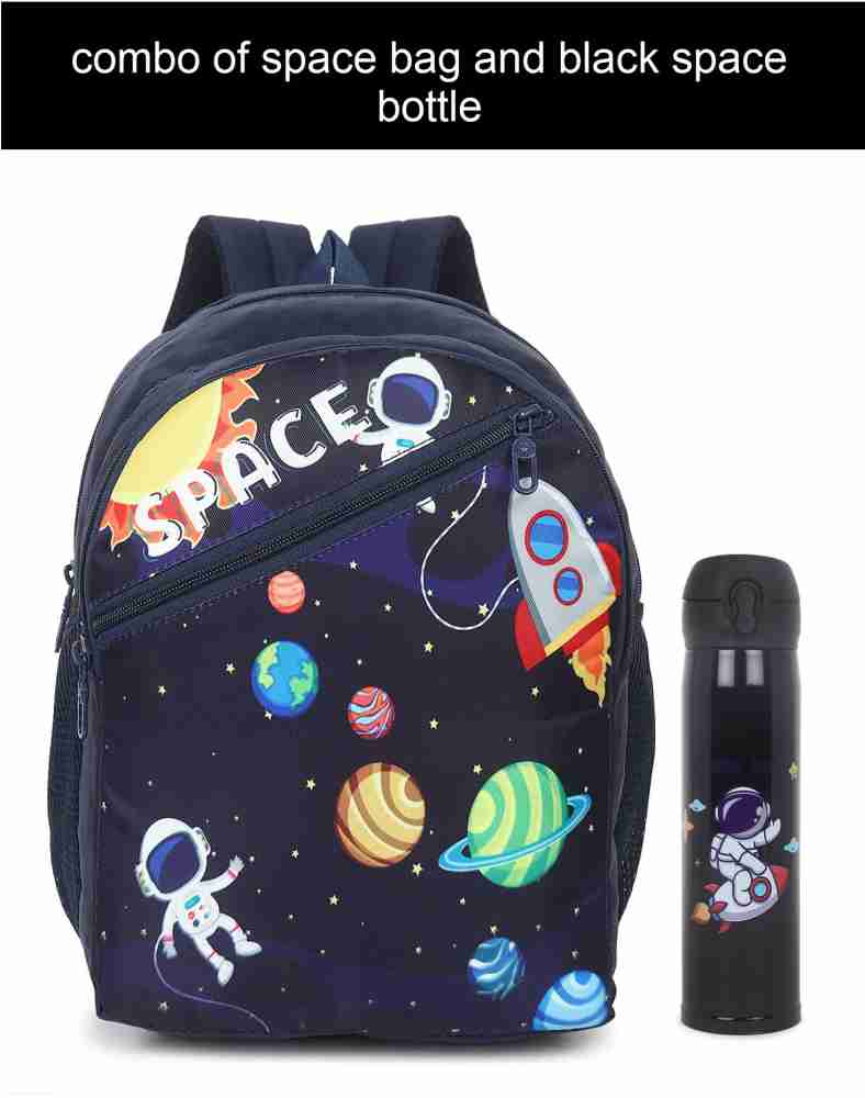 Sanjis Enterprise Combo of cartoon space print bag and black space bottle Waterproof School Bag