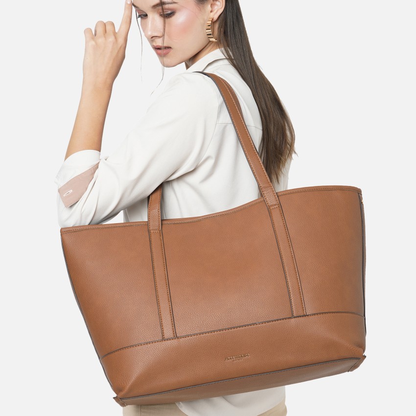 Accessorize London Women's Faux Leather Brown Artisan Strap Detail Work Tote Bag