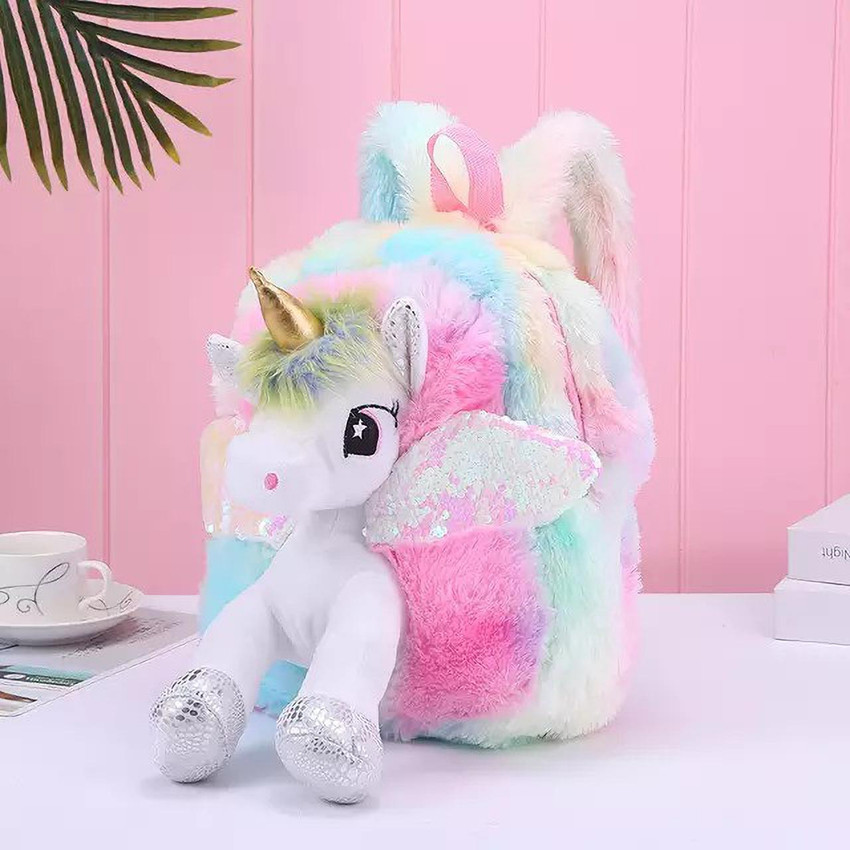 Flipkart LS ENTERPRISES Unicorn Soft Fur Tote For Kids School Travel Picnic Multicolor School Bag School Bag