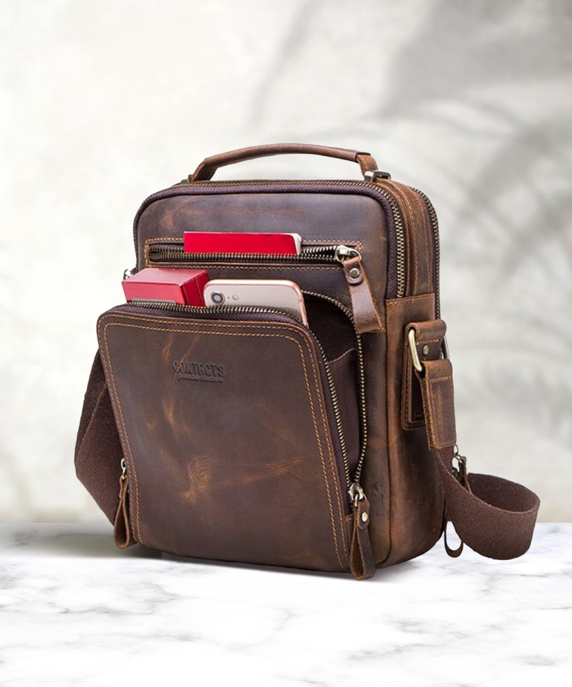 CONTACTS Genuine Leather Messenger Shoulder Bag Handbag Multi Functional Travel Tote Bag Brown Sling Bag