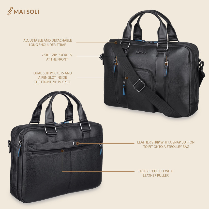 Flipkart Mai Soli Chester Black Genuine Leather Double Zip Laptop Bag For Men Waterproof Messenger Bag Messenger Bag
