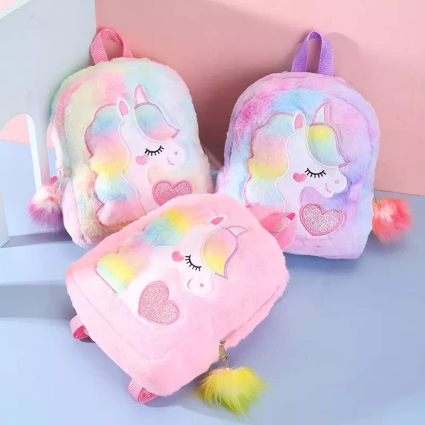 Flipkart AGC Unicorn Furry Backpack Cute Unicorn Bag Soft Fluffy Plush bag cum Unicorn Furry Waterproof School Bag School Bag