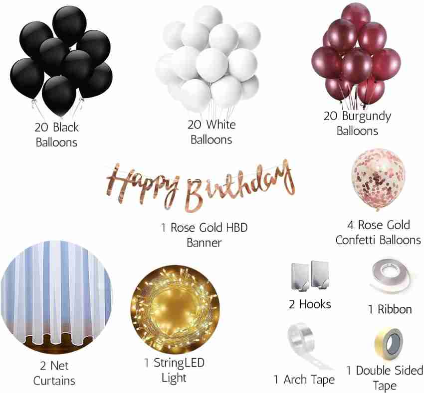 DEQUERA Solid Birthday Maroon and black Decoration DIY Combo  Kit with White Net Curtain Cloth Balloon - Balloon