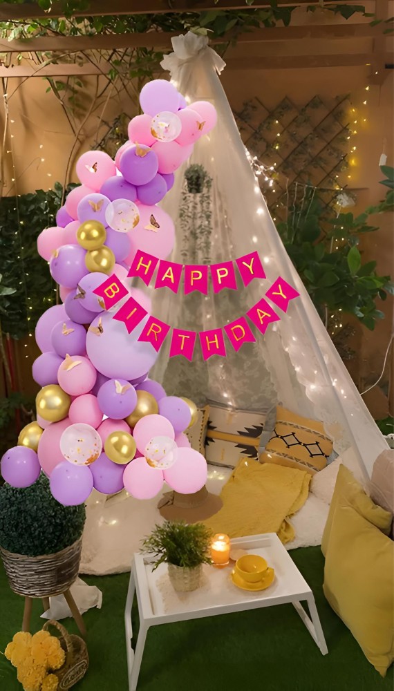 Birthday Cabana Tent Decorations - White Net Curtain with Happy Birthday  Banner, LED Light, Metallic Balloons - Ideal