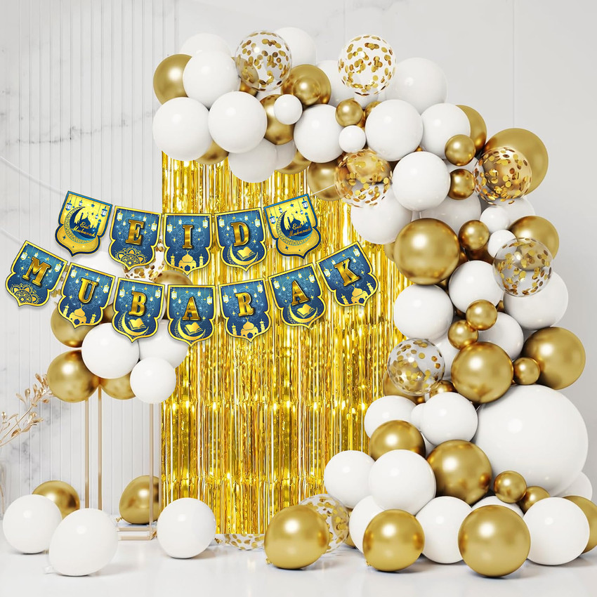 Flipkart Rozi Decoration Printed Eid Mubarak Decorations Combo Set with Banner Balloons Fringe Foil Curtain Balloon Bouquet Balloon Bouquet