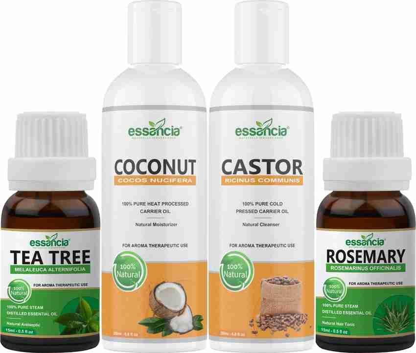 essancia Hair Oils Combo Hair Care Kit Castor Oil Coconut Oil Tea Tree Oil Rosemary oil controls Hair Fall Promotes Healthy Hair Growth 100 Natural Undiluted Pure