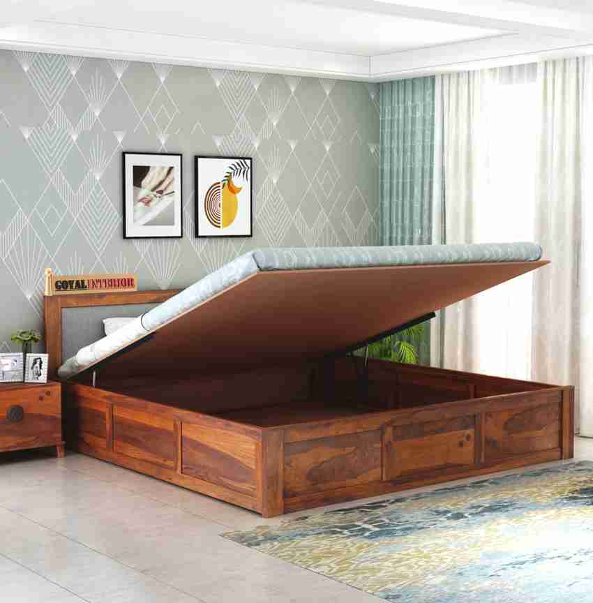 GOYALINTERIOR Sheesham Wood Bed Cot Palang With Hydraulic Storage