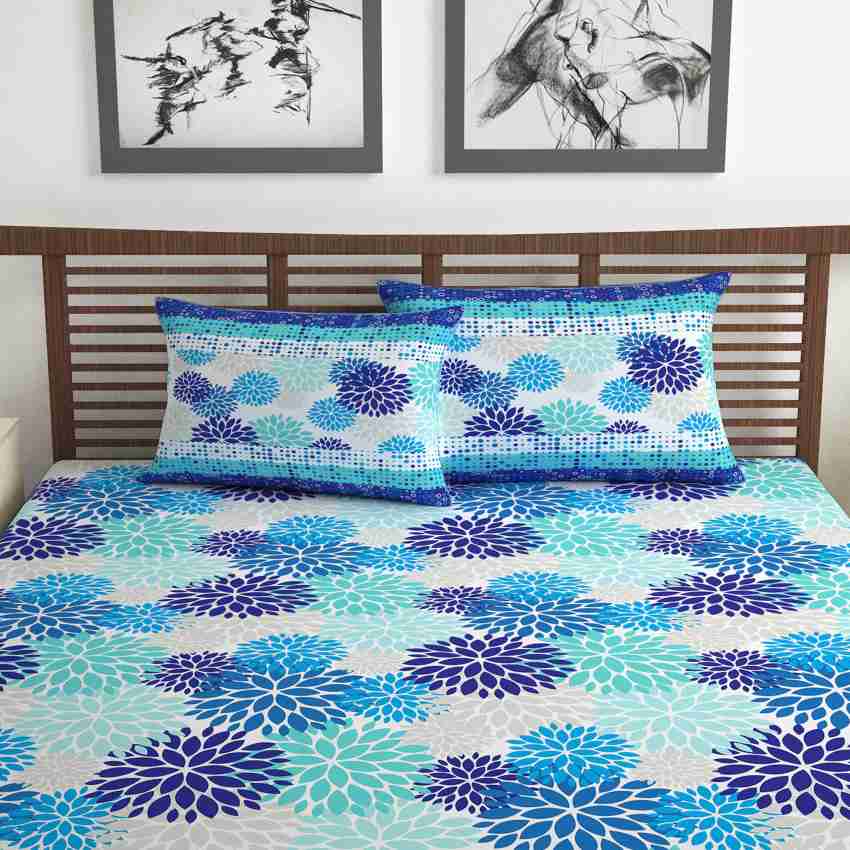 Casa Basic 144 Thread Count Double Bedsheet with 2 Pillow Cover-Blue