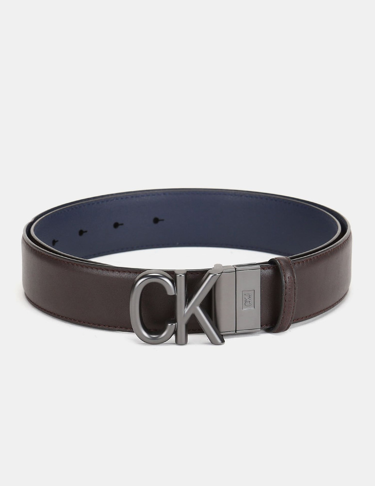 Calvin Klein Men Blue Genuine Leather Belt BITTER BROWN NAVY