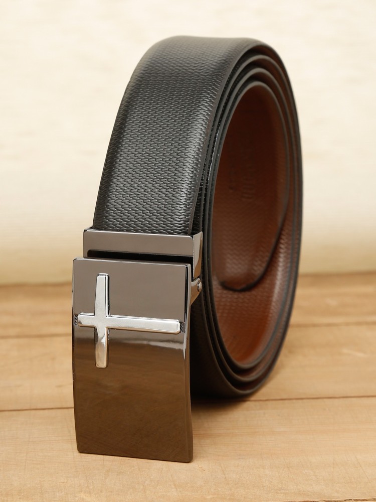 Teakwood Genuine Black Leather Belt Round Shape Black Tone Buckle