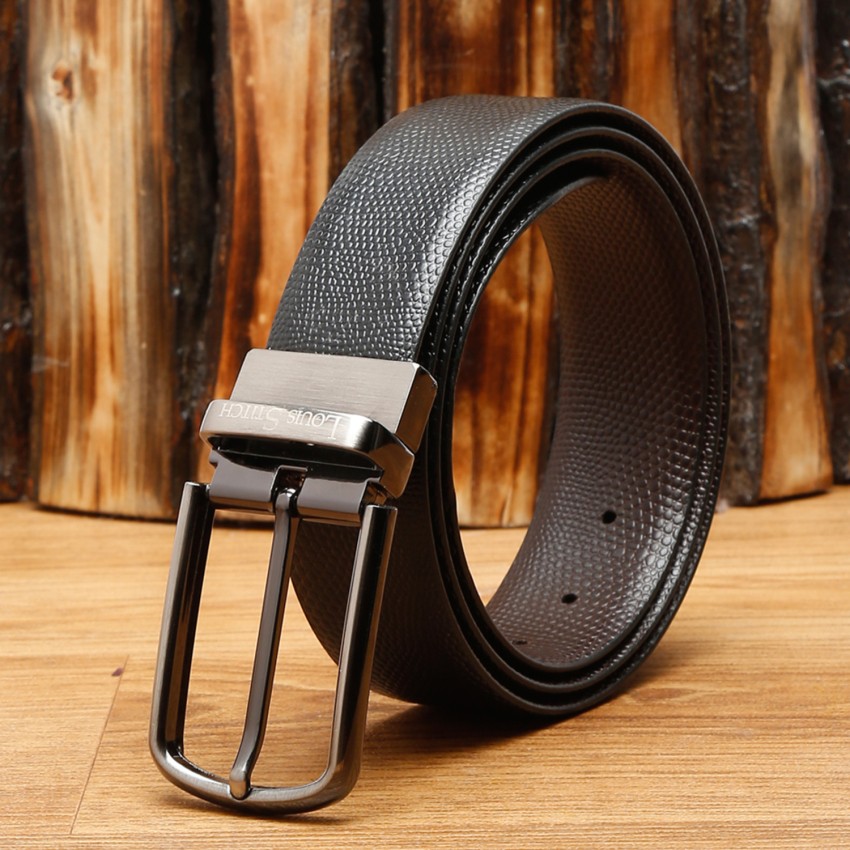 LOUIS STITCH Men's Reversible Brown and Black Italian Leather Belt with Golden Buckle (Prague_RPGD)