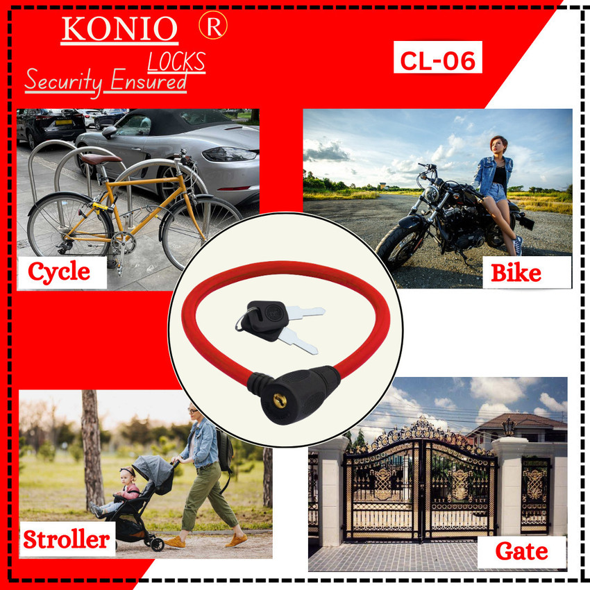 KONIO Steel Cable Lock Anti Theft Push Lock For Multipurpose Uses with 3 Keys Red Cycle Lock Price in India Buy KONIO Steel Cable Lock Anti Theft Push Lock For Multipurpose