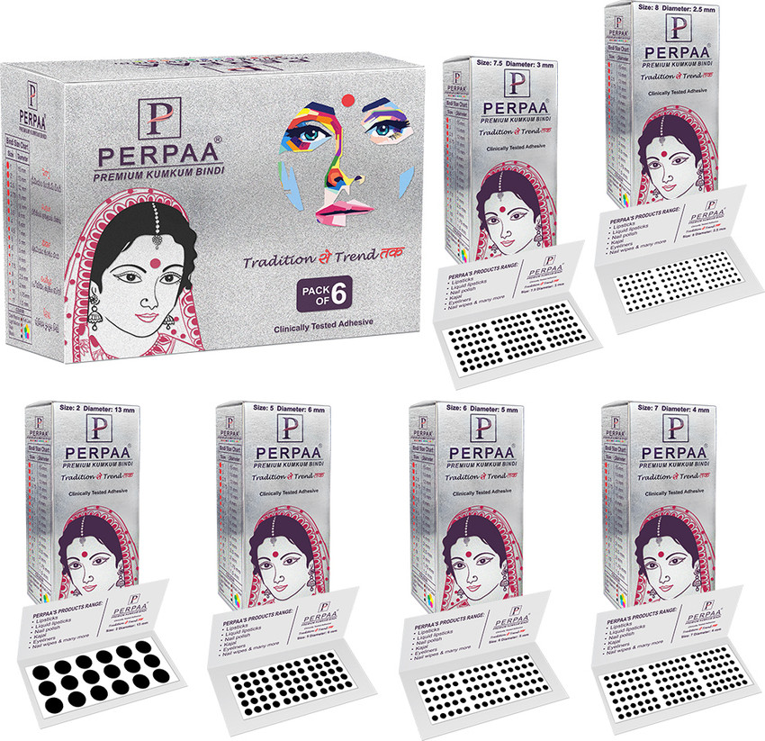 Perpaa Black Round Bindi for Women Wholesale Pack of 6 Box 15 Flaps Each for Women Ladies Girls Different Size Forhead bindi Black Bindis Price in India Buy Perpaa Black