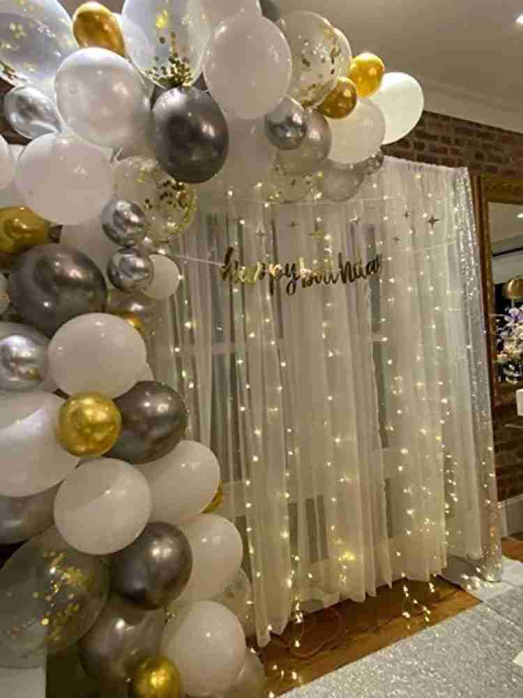 Fun and Flex Gold and Silver birthday decoration Kit with White Net backdrop  and Fairy Light Price in India - Buy Fun and Flex Gold and Silver birthday  decoration Kit with White