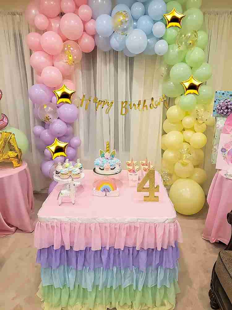 Pastel Rainbow Multi Color Birthday Decorations Kit with White net and  Fairy Light, Cabana Theme,Canopy