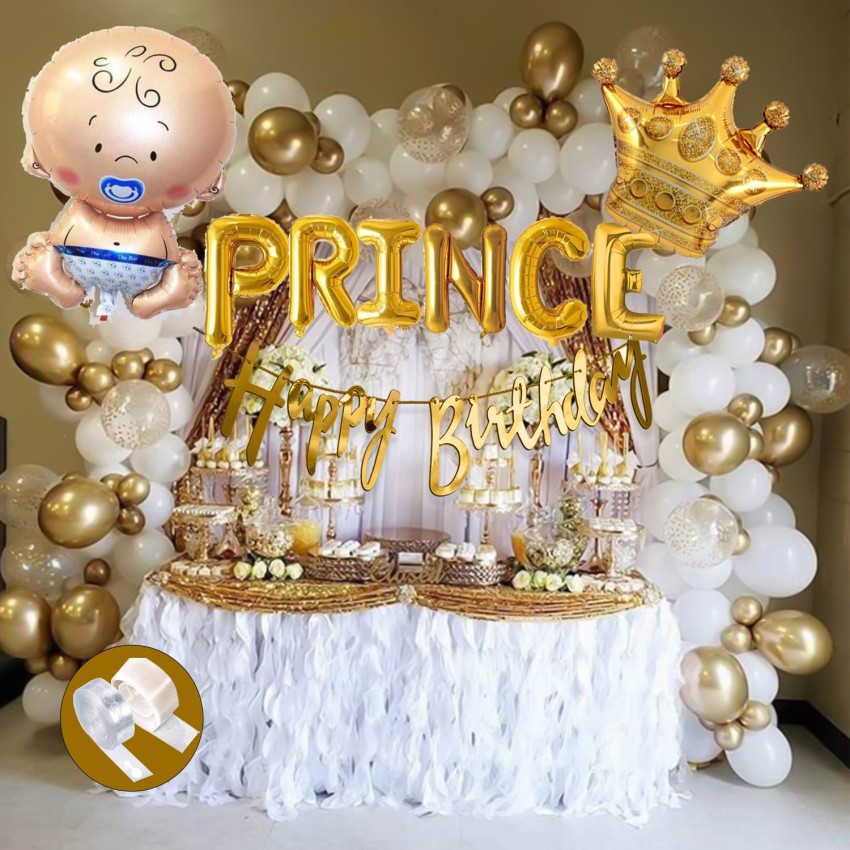 Image of Kids Birthday Party Decoration. Blue Fake Cake With Candle. Little Prince  Theme Party. Decorated Table For Child Birthday Celebration. Close Up Of Decor  Party.-FU398023-Picxy