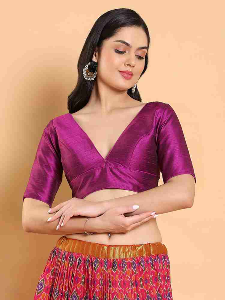 Magenta Blouse In Raw Silk WIth V Neckline And Full Sleeves