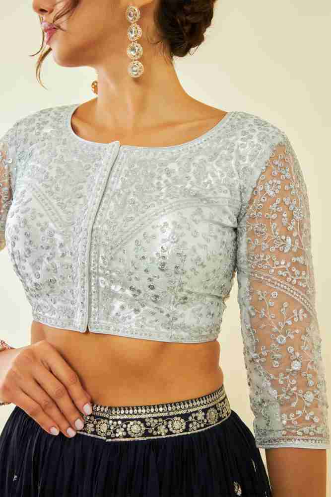 Silver Net Floral Embroidered Sequin Embellished Front-Open Blouse