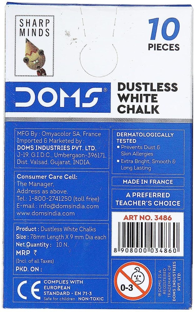 DOMS Non Toxic Dustless White Chalk 10 Pcs : Doms