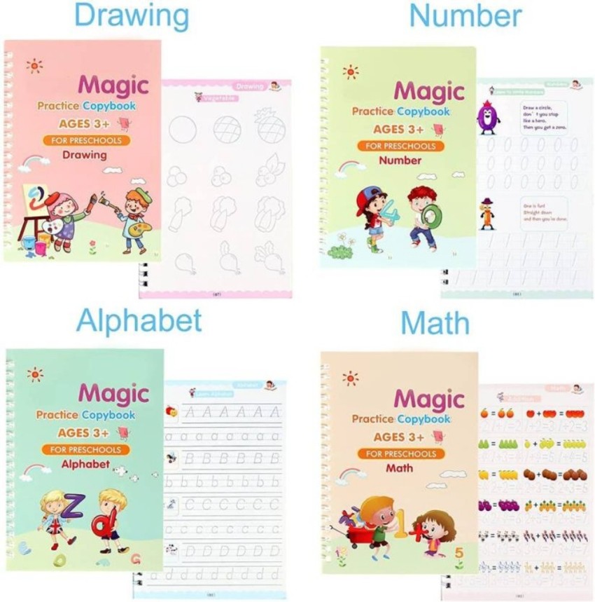 Magic Book For Children Magic Practice Book Calligraphy Books For Kids (4  Books 1 Pen 1 Hand Grip 10 Refill) Self Deleting Reusable Number Tracing  Alphabets Writing For Kids: Buy Magic Book