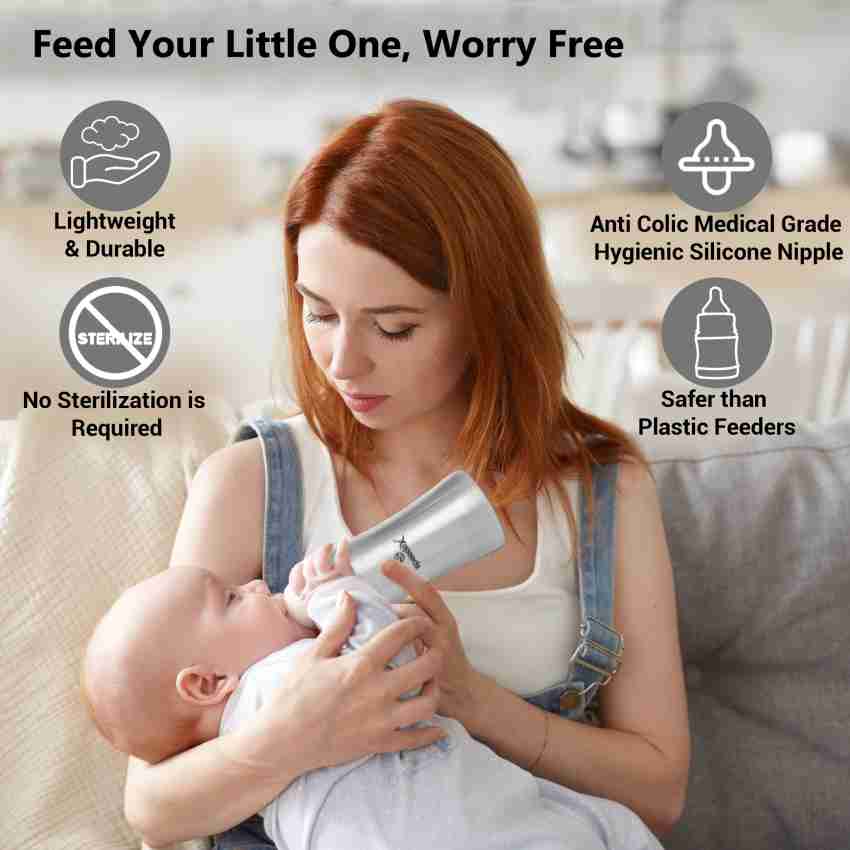 OrganicKidz Stainless Steel Wide Mouth 6M+ Baby Bottle Fast Flow