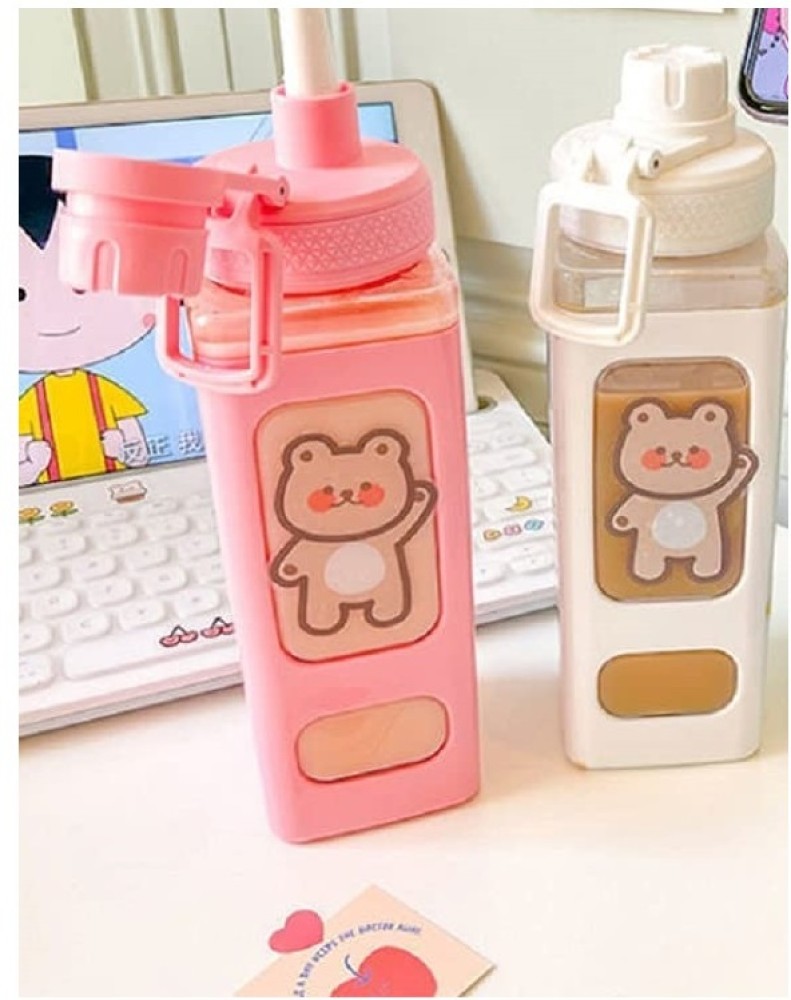 Kawaii Water Bottle With Straw And Sticker 23.6Oz No Leak Large Cute Kawaii  Bear Water Bottles Sport Plastic Portable Square Drinking Bottle For Kids